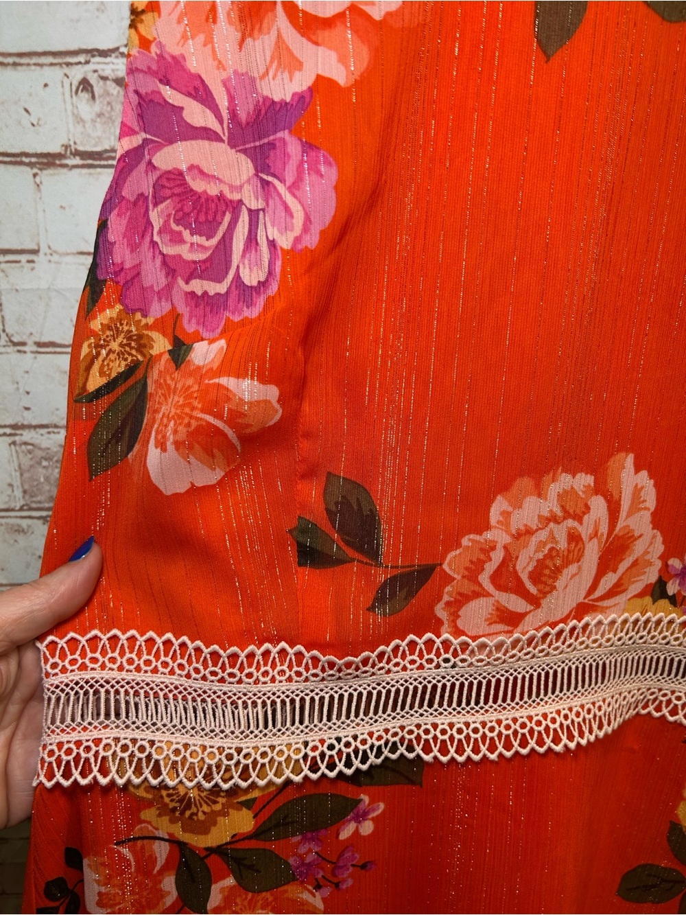Donna Morgan Sleeveless Orange Floral Tiered Ruffle Lace Eyelet Dress Size 12 - Picture 6 of 8